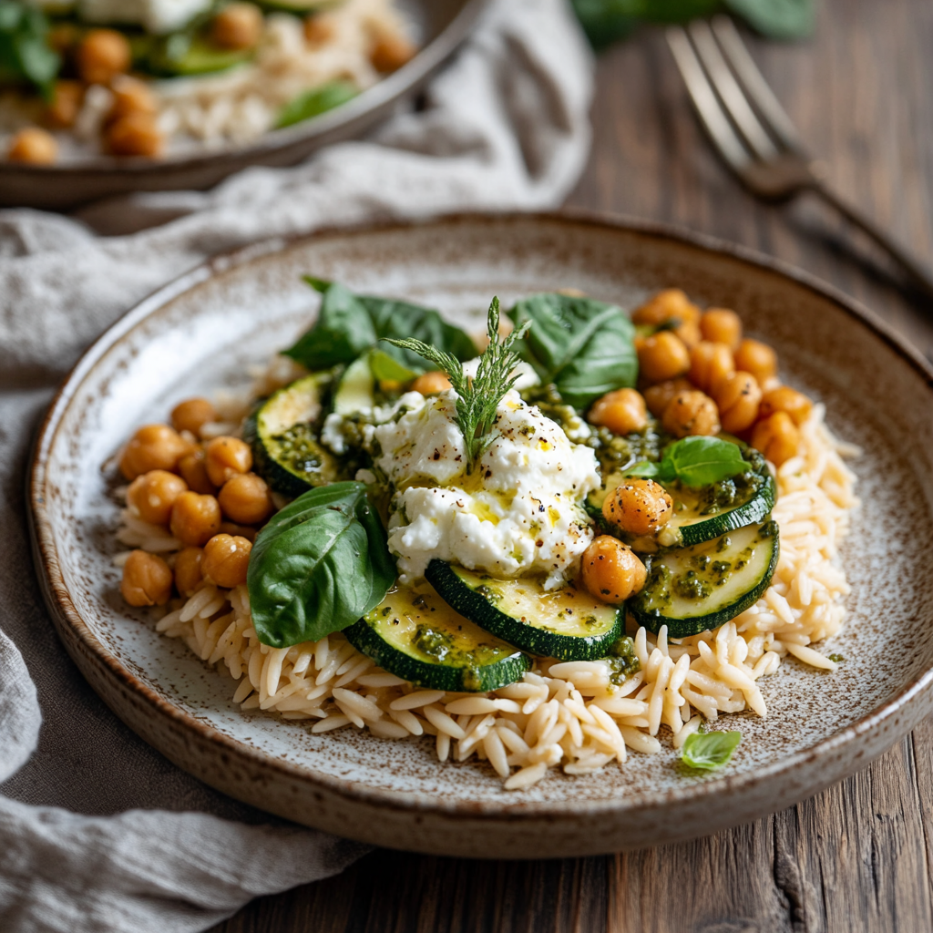 Orzo aux Courgettes, Pesto & Crème de Feta – Recette Végétarienne Express et Gourmande