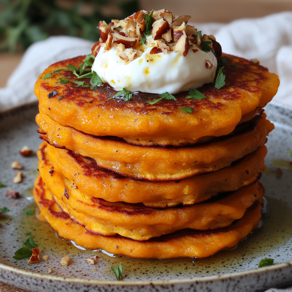 Pancakes Salés à la Patate Douce & Mozzarella – Sauce Noisettes