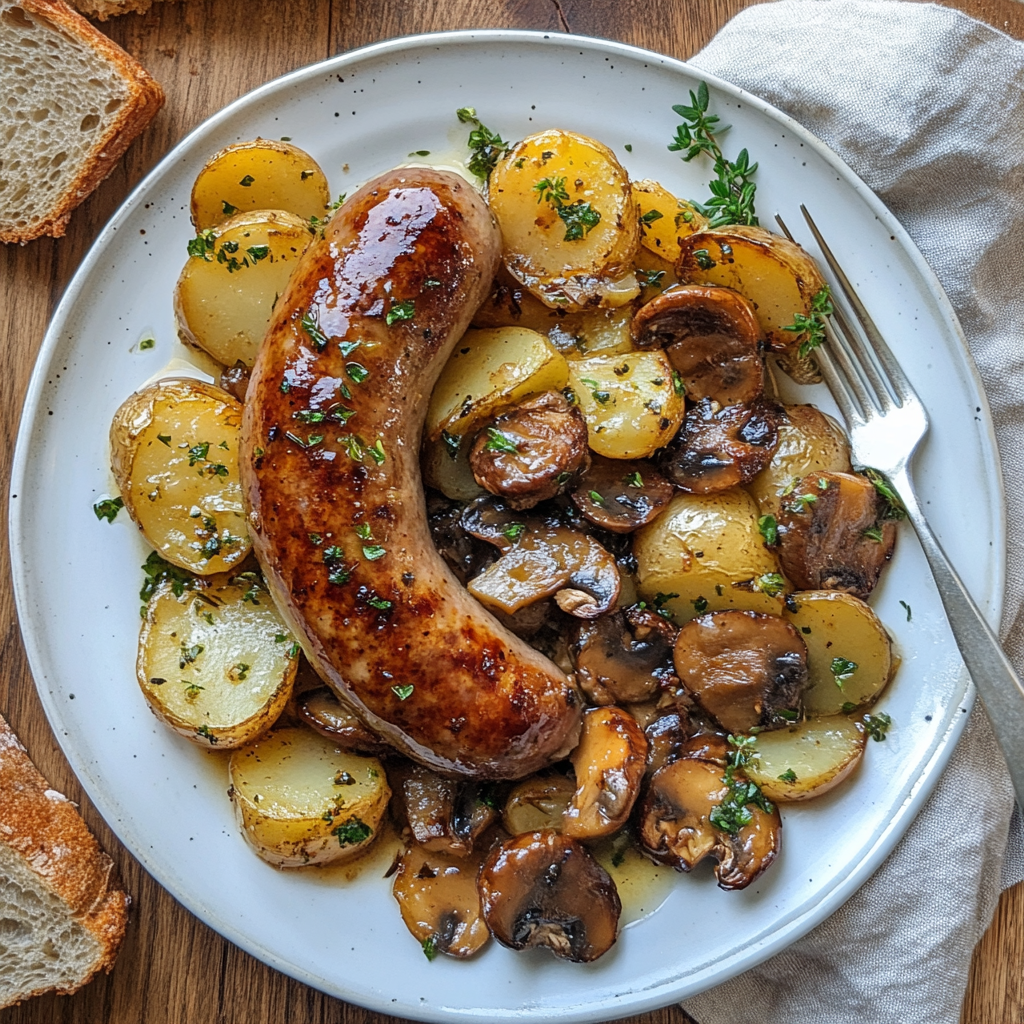 Plat Rustique et Réconfortant Saucisses aux Pommes de Terre et Champignons Rôtis au Four