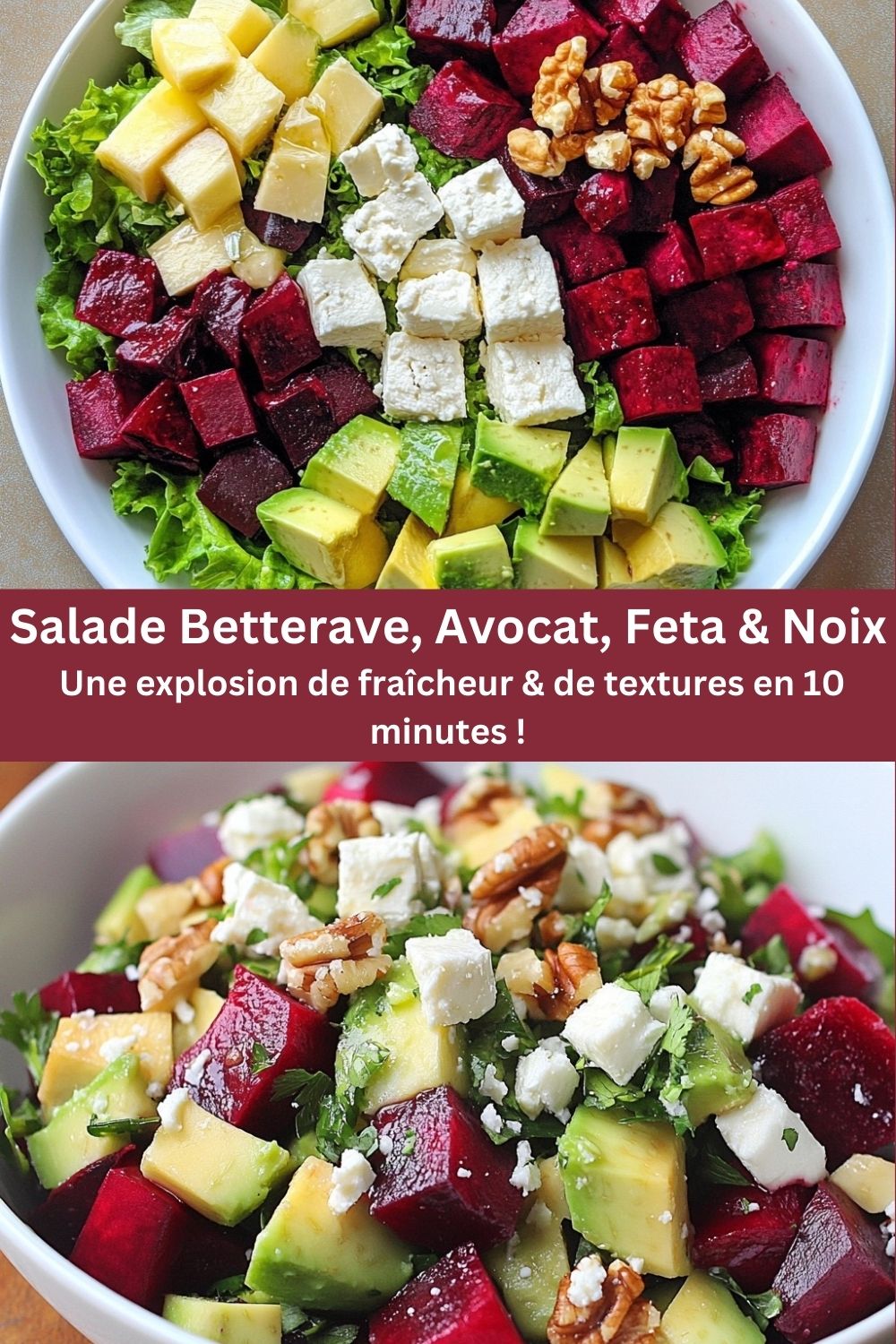 Salade Betterave, Avocat, Feta & Noix Une explosion de fraîcheur & de textures en 10 minutes !