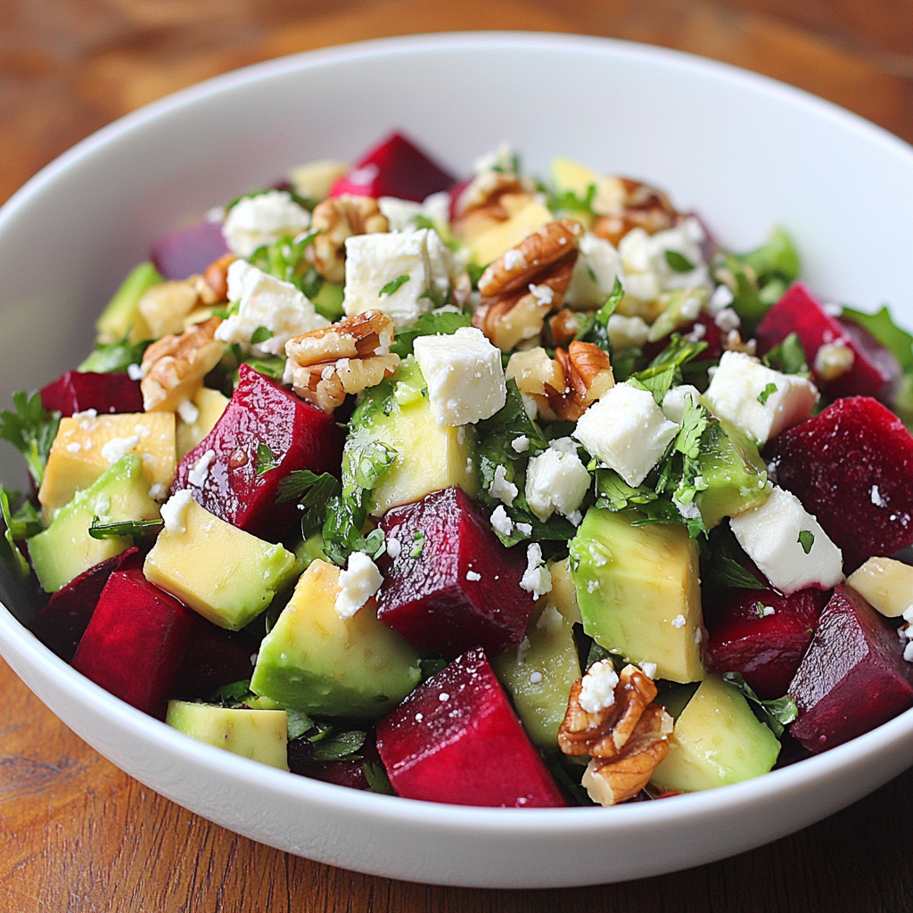 Salade Betterave, Avocat, Feta & Noix Une explosion de fraîcheur & de textures en 10 minutes !