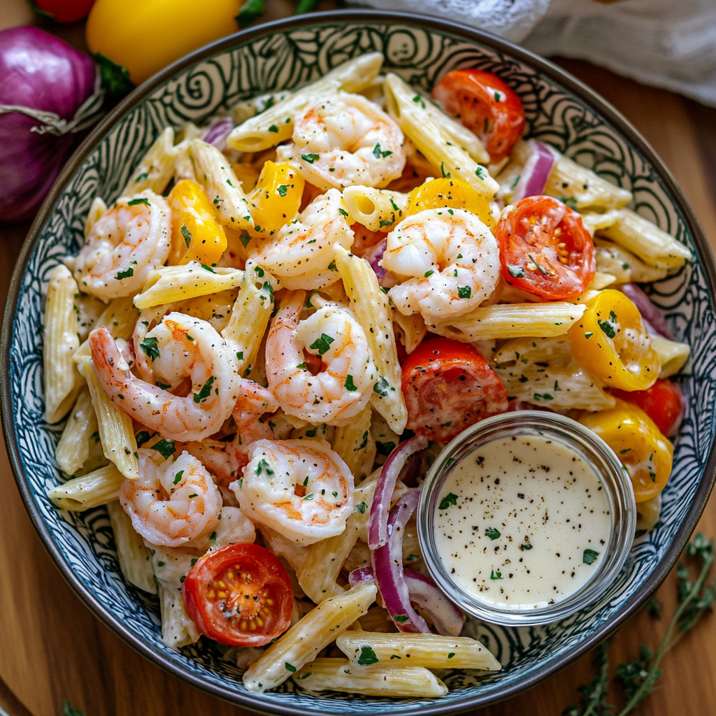 Salade de Pâtes aux Crevettes, Sauce César & Mozza – Ultra fraîche !
