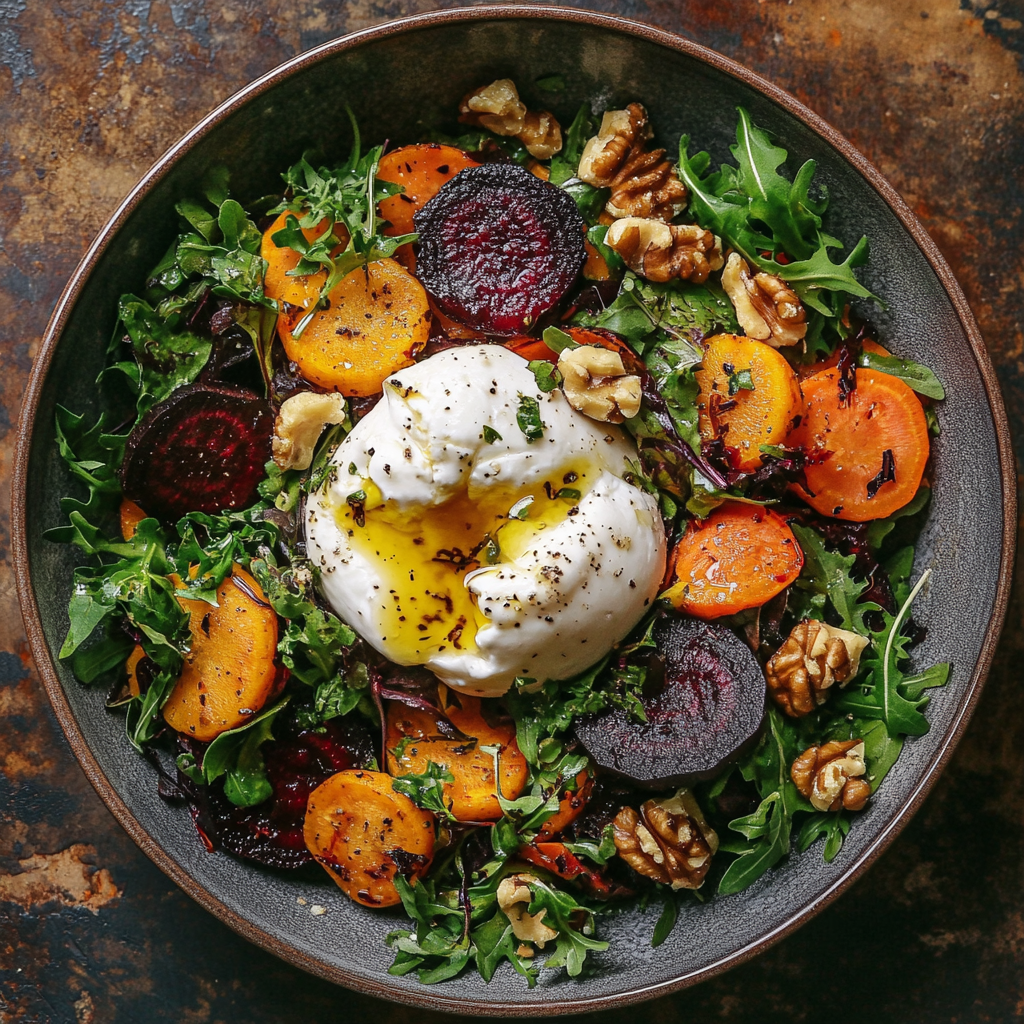 Salade fraîche à la burrata : roquette, betterave & carottes