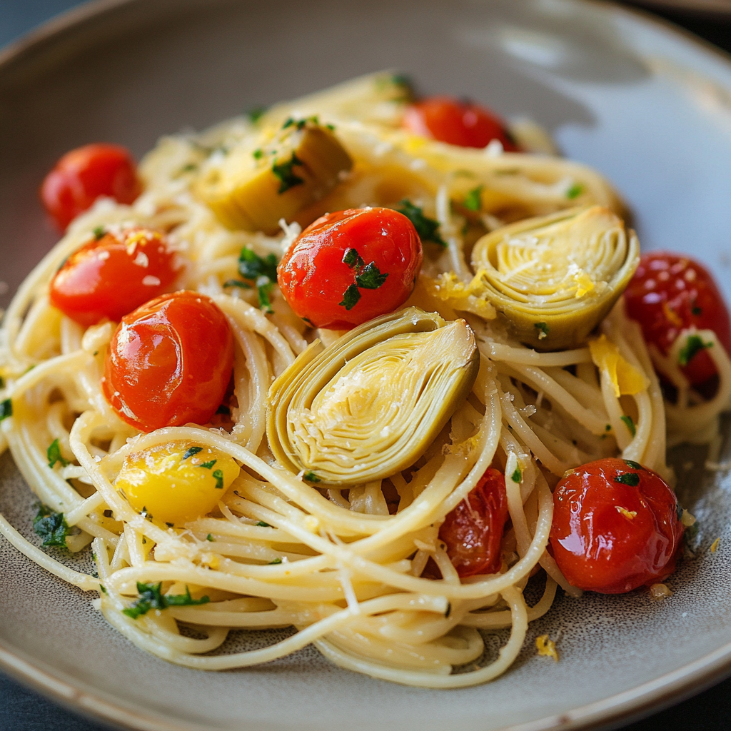 Spaghettis au citron, tomates & artichauts – Recette fraîche et rapide