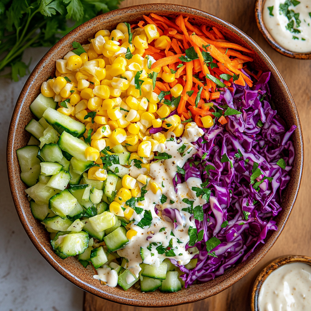 Salade Croquante Concombre, Maïs & Choux – Ultra fraîche & colorée