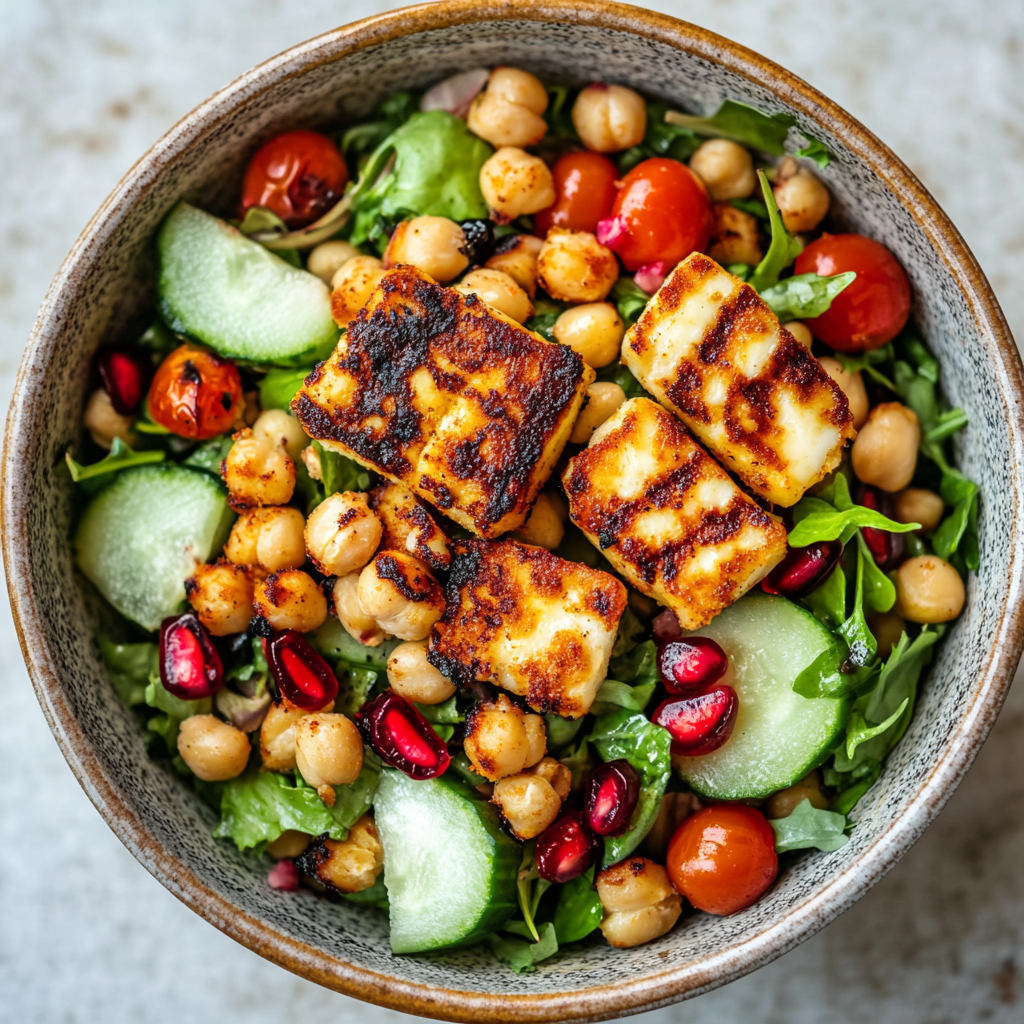 Salade pois chiche & halloumi grillé – Fraîcheur, croquant & gourmandise